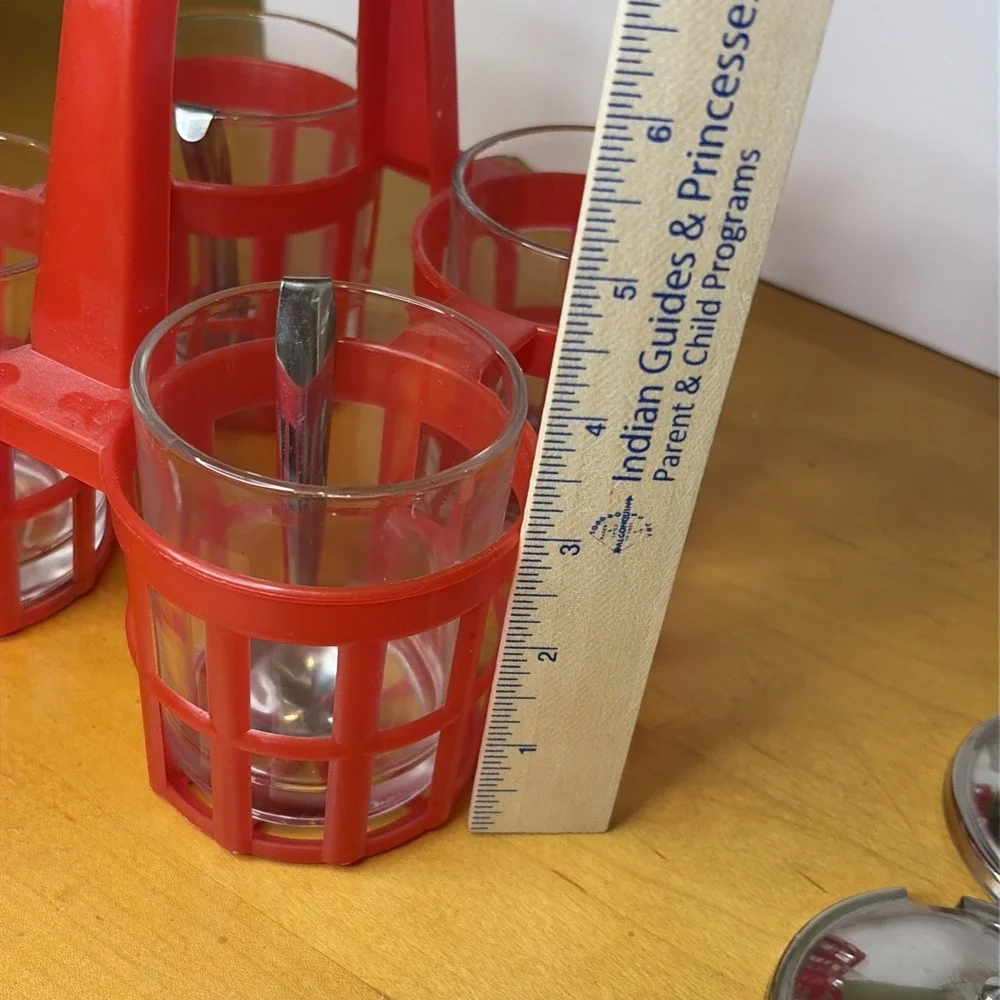 Crate&Barrel Red Condiment Caddy Jars w/ Ladles Picnic Cookout BBQ Party 4 Lids